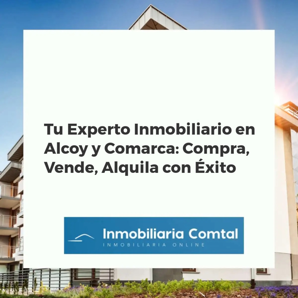 Agente inmobiliario de Inmobiliaria Comtal en Alcoy asesorando clientes, con edificios modernos y montañas de fondo.