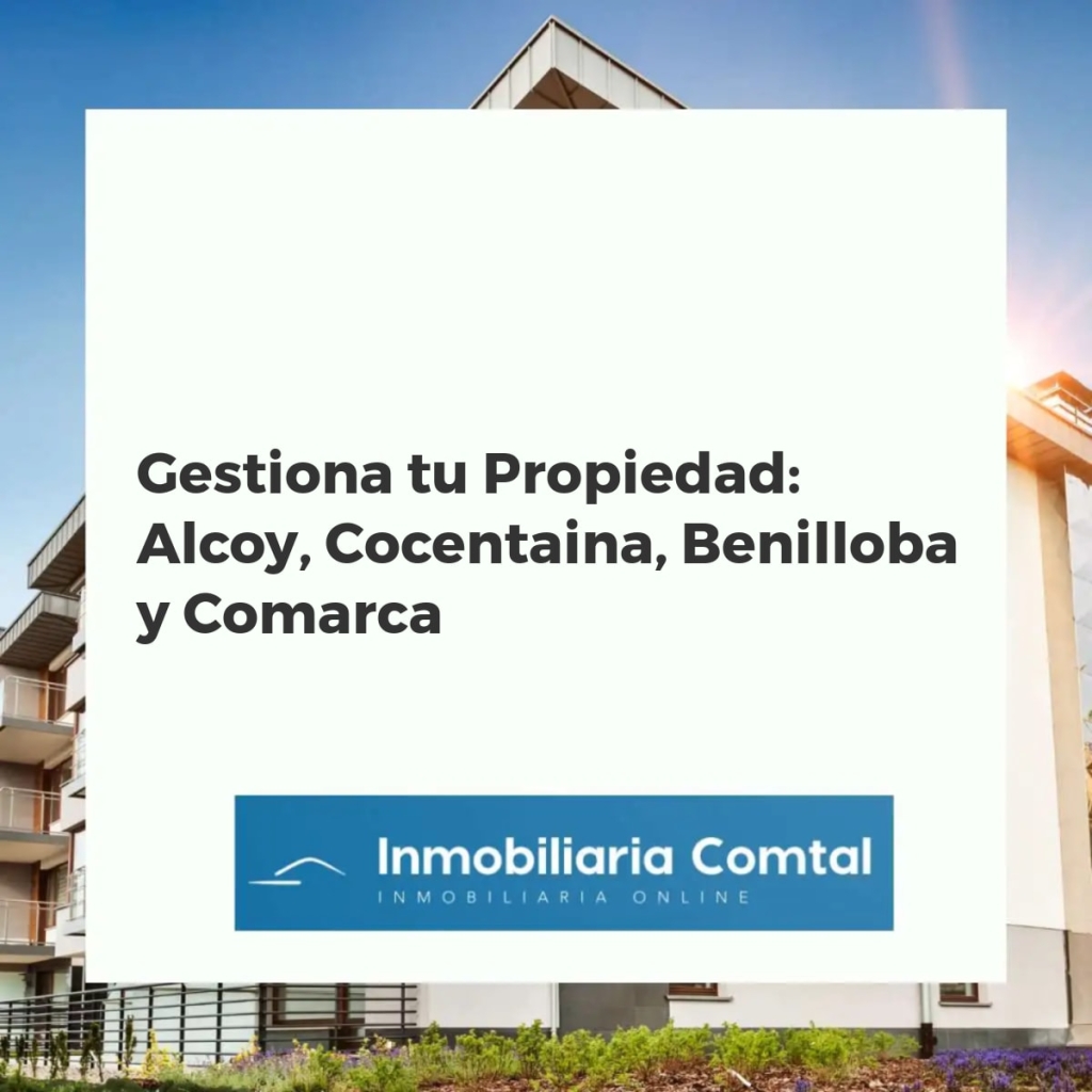 Paisaje urbano y rural de Alcoy, Cocentaina y Benilloba al atardecer, con gráficos de gestión inmobiliaria.