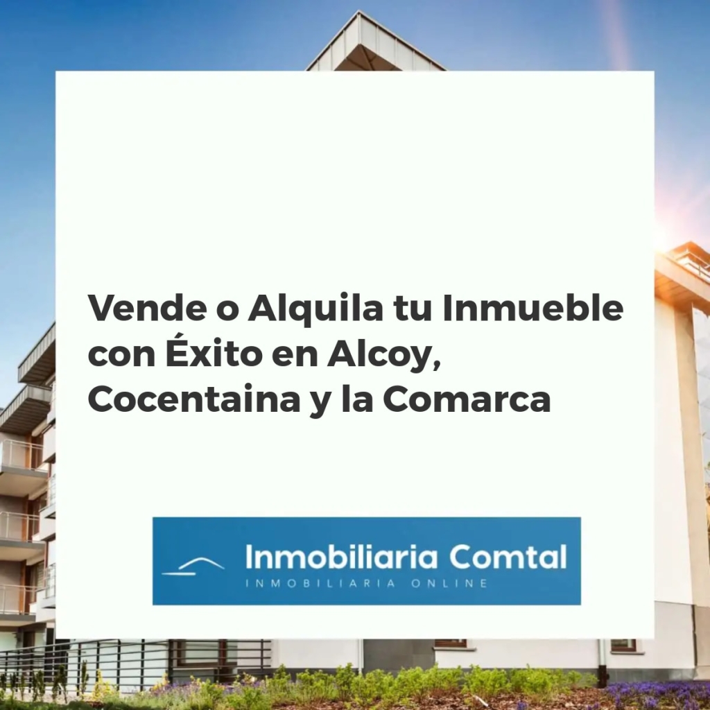 Vistas aéreas de Alcoy y Cocentaina destacando propiedades residenciales y comerciales bajo el sol poniente.