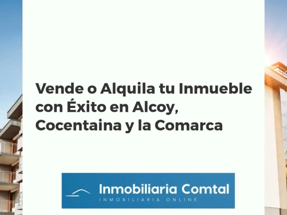 Vistas aéreas de Alcoy y Cocentaina destacando propiedades residenciales y comerciales bajo el sol poniente.