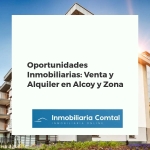 Panorama de Alcoy al atardecer mostrando el entramado urbano y las majestuosas montañas circundantes, con énfasis en propiedades.