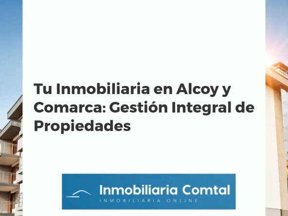 Mapa aéreo de Alcoy y comarca con elementos gráficos de propiedades e inversión, representando una gestión inmobiliaria experta.