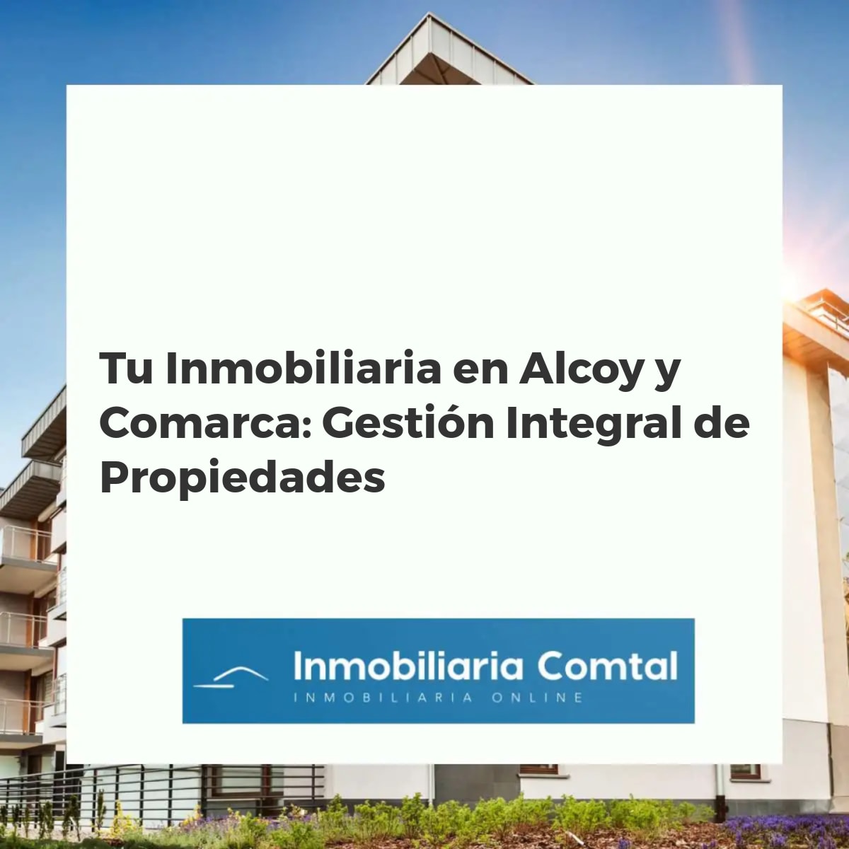 Mapa aéreo de Alcoy y comarca con elementos gráficos de propiedades e inversión, representando una gestión inmobiliaria experta.